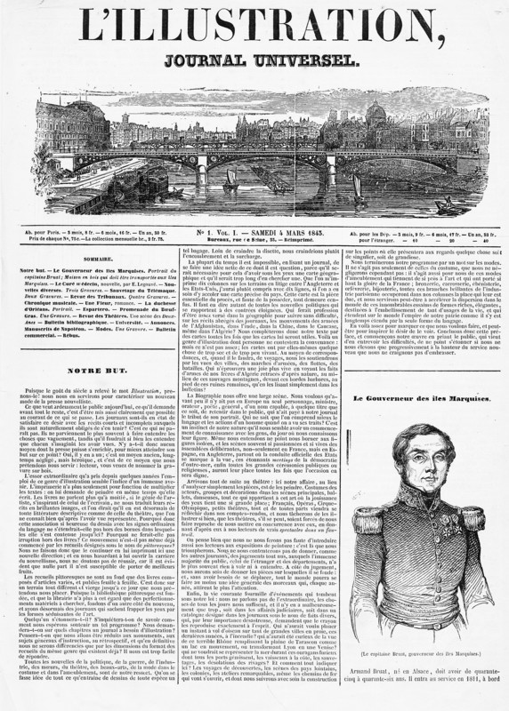 La première page du journal L'Illustration parue le 4 mars 1843, notre but.
Le premier Numéro de L'Illustration - La première couverture de L'Illustration