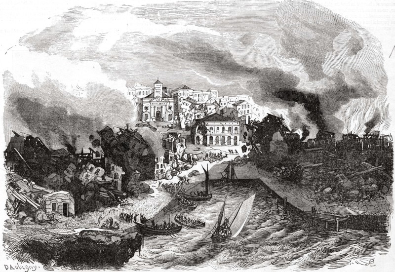 Catastrophe. Tremblement de terre aux Antilles, le 8 février 1843. La destruction de Pointe-a-pitre, ville de la Guadeloupe.