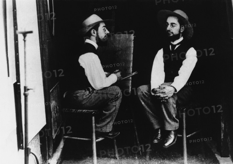 Montage photographique : TOULOUSE-LAUTREC peint son portrait devant un miroir vers 1880-1881.