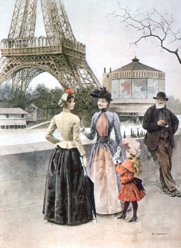 En mai 1889 pendant l'Exposition Universelle de Paris, près de la Tour Eiffel, deux jeunes élégantes femmes accompagnées d'une fillette viennent d'acheter une miniature de la Tour à un viel homme. Ce dernier a disposé sur un muret les modèles de différentes tailles qu'il vend.  Dessin paru dans Paris Illustré du 18 mai 1889.