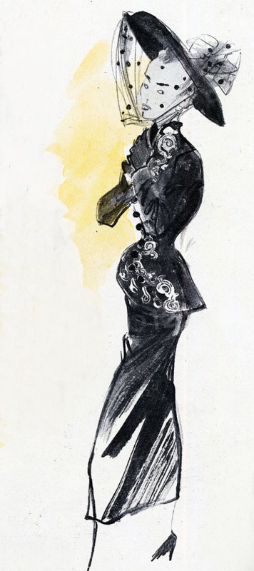Collection Pierre Balmain, automne 1947.  Tailleur de coktail: jupe de velours brun drapé en avant, jaquette garnie de soutache or et noir. Croquis paru dans France-Illustration du 18 octobre 1947. MODE