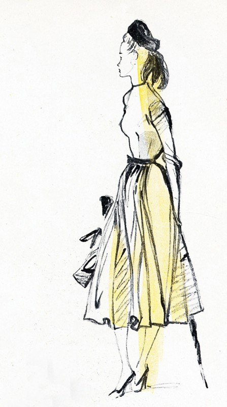 Collection Jean Dessès, automne 1947.  Robe de lainage clair, dont la jupe en forme est ornée de plis très marqués. Croquis paru dans France-Illustration du 18 octobre 1947. MODE