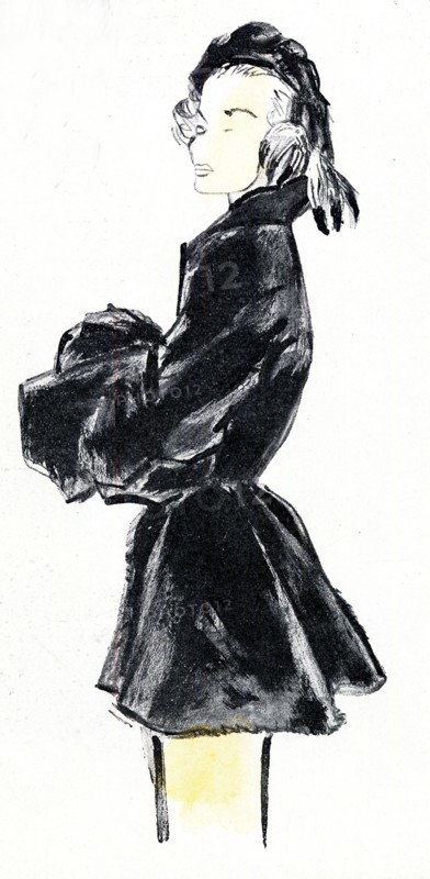 Collection Weill, automne 1947.  Jaquette de loutre, avec basque à nombreux godets à l'arrière. Croquis paru dans France-Illustration du 18 octobre 1947. MODE
