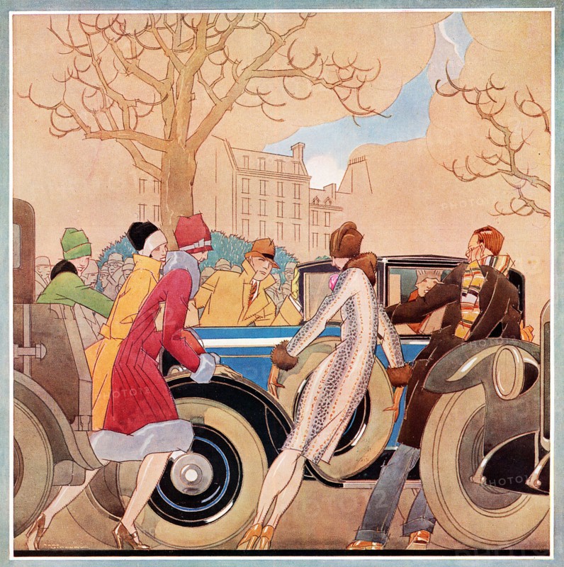 La panne avenue du Bois ou la chauffeuse embarrassée: le coup de mains des "camarades".  Aquarelle de René Vincent illustrant  l'article "Silhouettes et modes d'aujourd'hui" paru dans L'Illustration du 12 mars 1927.
