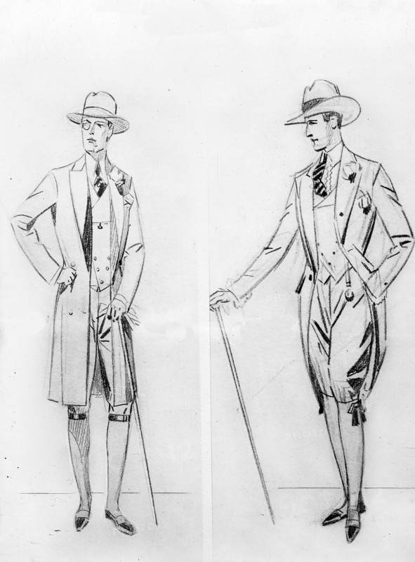 Croquis de Boris exposé au "Salon de la mode vu par les artistes".  Organisé par le photographe G.-L. Manuel dans son salon de la rue Dumont d'Urville, ce salon inaugura en 1927 une nouvelle session consacrée à la mode masculine.  Parution dans L'Illustration du 7 mai 1927.