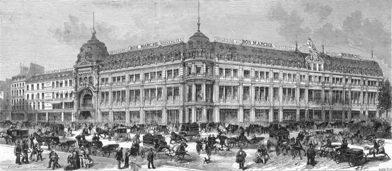 Vue générale en 1874 des magasins de nouveautés du Bon Marché, à la veille de l'inauguration, fixée au 12 octobre 1874, de nouveaux magasins agrandissant l'établissement.  "Le Bon Marché qui, dès 1872, avait doublé l'étendue de ses locaux, termine aujourd'hui de nouveaux bâtiments qui les quadruplent."  Gravure sur bois de Smeeton et Tilly d'après Charles Fichot, et extrait d'article parus dans L'Illustration du 10 octobre 1874.