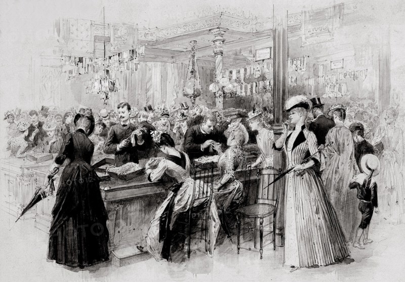 Les magasins du Bon Marché en 1889: clientes et vendeurs au comptoir de ganterie.  Dessin d'Emile Bayard paru dans L'Illustration du 10 août 1889.