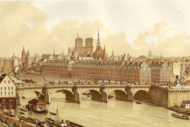 La Seine et le pont Neuf à Paris. La cité et le Pont-neuf en 1665, de GàD : Le pont aux Change, la Samaritaine, La conciergerie, la rue de Harlay, le quai des Morfondus, la palce Dauphine, le pont Saint-Michel, le cheval de bronze.