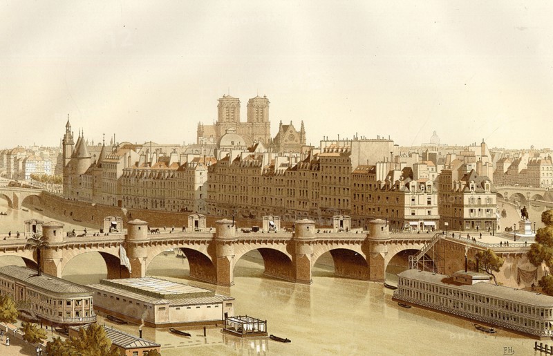 La Seine et le pont Neuf à Paris. De gauche à droite : Le pont au Change, le Pont-Neuf, les bains de la Samaritaine, la Conciergerie, la rue de Harlay, le quai de l'Horloge, la place Dauphine, le pont Saint-Michel, la statue de Henri IV.
