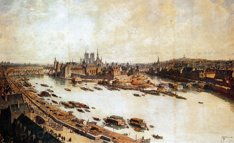 La Seine et l'île de la Cité à Paris en 1588, les débuts de la construction du pont neuf. Au centre, l'île de la Cité et Notre Dame de Paris, à gauche, la ville marchande et ses quais, à droite, la ville universitaire, dans le fond, le grand-pont de Paris et le petit-pont.