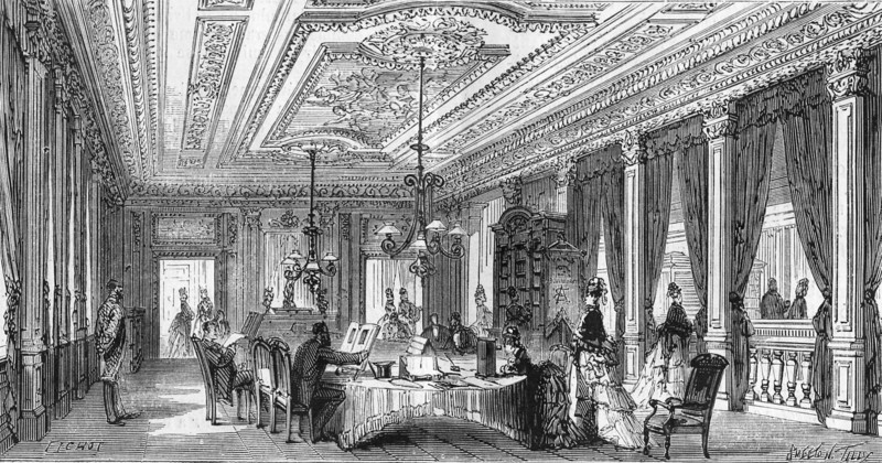 Vue en 1874 du salon de lecture des magasins de nouveautés du Bon Marché à Paris.  Gravure sur bois de Smeeton et Tilly d'après Charles Fichot, parue dans L'Illustration du 10 octobre 1874.
