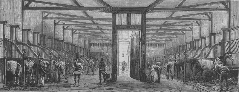 En 1874 à Paris, vue des écuries des magasins du Bon Marché, enfermant une centaine de chevaux.  Gravure de Smeeton et Tilly d'après Fichot, parue dans L'Illustration du 10 octobre 1874.