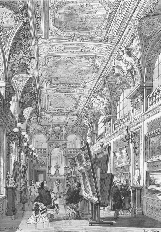 En 1875 à Paris: la Galerie des tableaux des grands magasins du Bon Marché.  "Cette galerie, récemment ouverte par M. Boucicaut, est un chef d'oeuvre de style et de goût qui fait le plus grand honneur au talent de l'architecte de la maison, M. Boileau fils. (...) C'est le temple de l'Art, élevé par l'Industrie. Toute cette merveilleuse installation est généreusement mise à la disposition des peintres et des sculpteurs qui désirent y exposer leurs oeuvres et se mettre ainsi en rapport avec la nombreuse clientèle qui afflue au Bon Marché."  Gravure de Smeeton et Tilly d'après Charles Fichot, parue dans L'Illustration du 6 mars 1875.