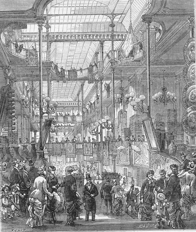 En 1880 à Paris: vue intérieure des magasins du Bon Marché, depuis l'escalier central, après de nouveaux agrandissements.  "D'élégantes colonnettes s'élancent jusqu'aux frises sculptées que surmonte un plafond vitré versant un jour eblouissant tamisé par des verres dépolis. (...) Tout cela est, en réalité, de dimensions gigantesques, et tout cela cependant est léger, gracieux, admirablement proportionné, harmonieusement décoré, aisé et commode à l'accès du public.  Gravure de Baude d'après Fichot, et extrait d'article parus dans l'Illustration du 2 octobre 1880.