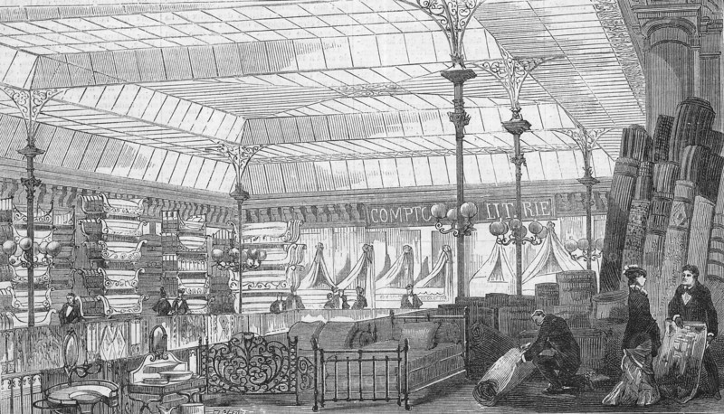 En 1880 à Paris: le comptoir de la literie des magasins du Bon Marché, après de nouveaux travaux d'agrandissement de l'établissement.  Gravure de Baude d'après Fichot, parue dans L'Illustration du 2 octobre 1880.