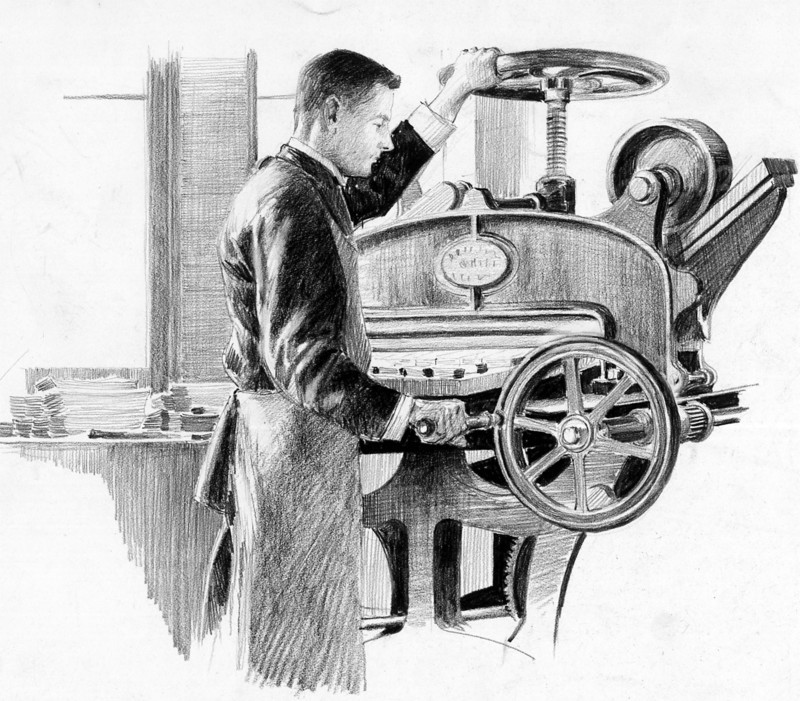 Les magasins du Bon Marché en 1889.  Employé actionnant une machine à découper au service des échantillons.  "Des machines coupent les tissus en bandes et les recoupent ensuite par fragments".  Ces échantillons seront envoyés aux clientes de province qui ne peut se déplacer au magasin.  Dessin d'Adolphe Binet paru dans L'Illustration du 10 août 1889.