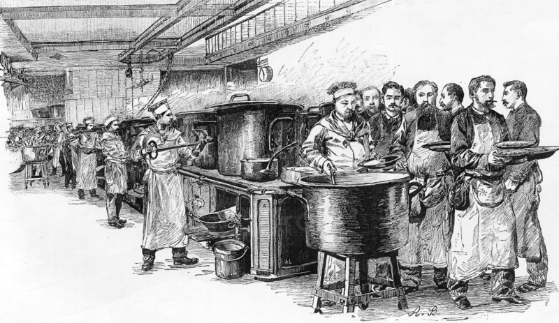 Les magasins du Bon Marché en 1889.  Dans les cuisines, départ des légumes pour la salle à manger où ils seront servis aux employés.  "Les cuisines et les salles à manger du Bon Marché sont des modèles pour le choix et la salubrité de la nourriture. On y part du principe éminemment juste, qu'un homme est d'autant mieux disposé au travail qu'il est mieux portant." Dessin d'Adolphe Binet et extrait d'article parus dans L'Illustration du 10 août 1889.