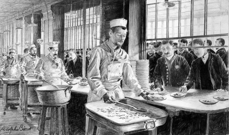 Les magasins du Bon Marché en 1889.  Depuis la cuisine, distribution des plats de viande aux employés.  "Les cuisines et les salles à manger du Bon Marché sont des modèles pour le choix et la salubrité de la nourriture. On y part du principe éminemment juste, qu'un homme est d'autant mieux disposé au travail qu'il est mieux portant." Dessin d'Adolphe Binet et extrait d'article parus dans L'Illustration du 10 août 1889.