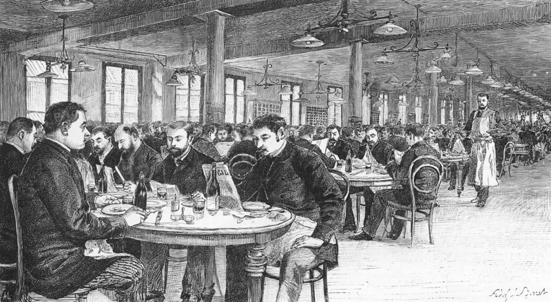 Les magasins du Bon Marché en 1889.  Le grand réfectoire des hommes employés de l'établissement.  "Les hommes en général profitent du repas pour parcourir le journal, ils sont donc assez silencieux." Dessin d'Adolphe Binet et extrait d'article parus dans L'Illustration du 10 août 1889.