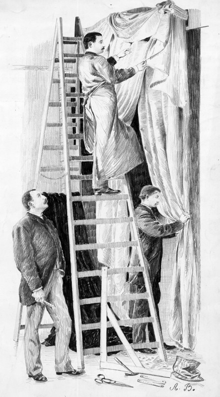 Les magasins du Bon Marché en 1889: les tapissiers.  "Un atelier de tapissiers, trop important pour demeurer au magasin même, car il occupe un personnel de 300 ouvriers, a été installé dans une annexe voisine, rue du Bac, 106." Dessin d'Adolphe Binet et extrait d'article parus dans L'Illustration du 10 août 1889.