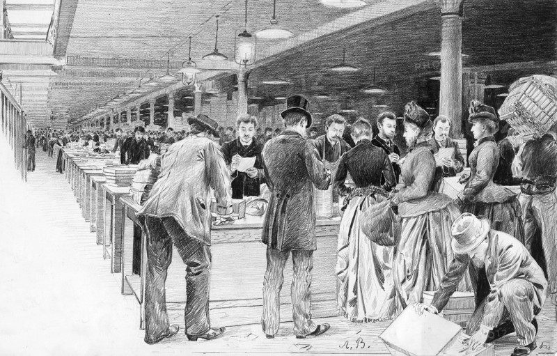 Les magasins du Bon Marché en 1889.  La réception des marchandises achetées, qui seront ensuite empaquetées puis acheminées vers le service de livraison. Dessin d'Adolphe Binet paru dans L'Illustration du 10 août 1889.