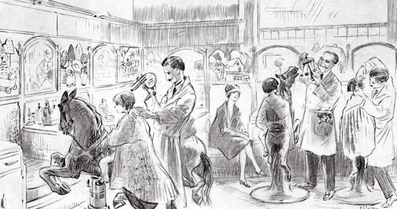 Un salon de coiffure pour enfant à  Paris en 1927 au quatrième étage d'un des magasins du Printemps.