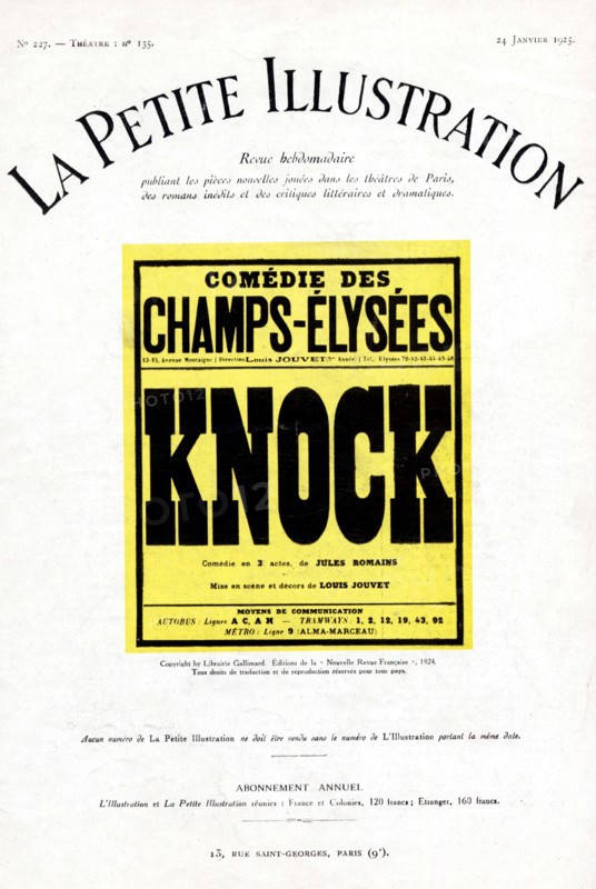 La presse en France au 20 siècle. La petite Illustration consacrée au théâtre, janvier 1925. Knock, de Jules Romains, mise en scène et décors de Louis Jouvet au Théâtre des Champs-Elysées.