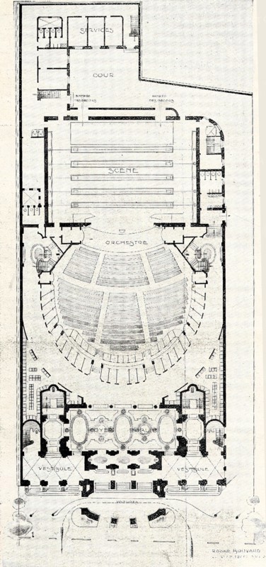 Plan des accès, de la salle et de la scène, proposé en 1910 par l'architecte Roger Bouvard pour le futur Théâtre des Champs-Elysées à Paris.  "Le théâtre de l'avenue Montaigne (...) se composera de deux salles indépendantes l'une de l'autre: une salle de théâtre de 1600 à 1800 places spacieuses, et une salle de concert d'environ 600 places. Les places, comme on peut s'en rendre compte seront combinées en éventail, comme au théâtre de Bayreuth, de Munich, de Cologne, afin que de partout on puisse voir la scène. (...) L'installation technique de la scène est l'objet des études les plus sérieuses puisqu'elle sera le résumé des améliorations réalisées dans les grands théâtres du monde entier. Les directeurs des scènes récemment édifiées en Amérique, en Allemagne, en Autriche, se sont mis à la disposition de l'architecte, M. Roger Bouvard, pour lui faciliter sa tâche et le faire profiter de leurs perfectionnements."  Plan et extrait d'article parus dans L'Illustration du 26 février 1910.  L...