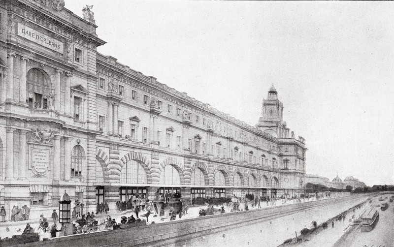 Plans et schemas des gares parisiennes. Paris novembre 1897, trois architectes sont appeles par la compagnie d'Orleans, MM Benard, Laloux et Magne, pour  proposer un projet de renovation et de construction  pour la nouvelle gare d'Orleans au quai d'Orsay.