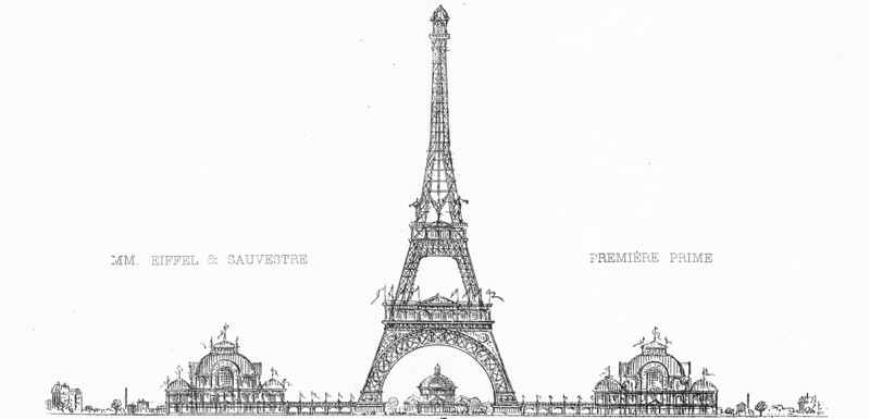Projet de tour pour l'Exposition Universelle de 1889 proposé par Gustave Eiffel et Stephen Sauvestre et retenu par le jury parmi les 700 en concours. 
Plan paru dans L'Illustration du 5 juin 1886.