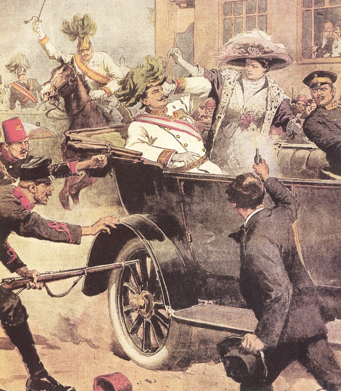 L'attentat de Sarajevo le 28 juin 1914 par un étudiant serbe, Gavrilo Princip. Le gouvernement autrichien qui rendra responsable la Serbie de l'attentat commit contre l'archi-duc François-Ferdinand et de sa femme, servira de prétexte au déclenchement de la première guerre mondiale.