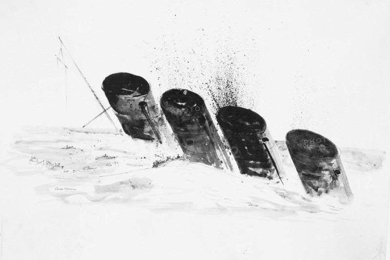 La fin du Lusitania. Croquis d'un survivant du Lusitania, M.Oliver P. Bernard, peintre de décors de Covert Garder. Première Guerre Mondiale - Nous contacter pour la légende complète