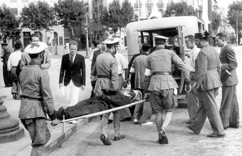 Injured man being evacuated, 1936