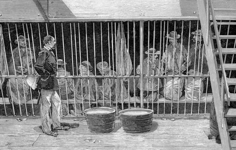 Police et justice en France au XIX siècle. Les bagnes, les prisons. Le transport sur un bateau, des forçats condamnés au bagne en Guyanne, juillet 1891. Police et justice en France au XIX siecle. Les bagnes, les prisons. Le transport sur un bateau, des forcats condamnes au bagne en Guyanne, juillet 1891.