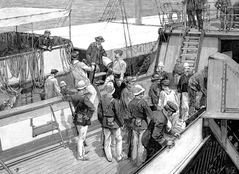 Police et justice en France au XIX siècle. Les bagnes, les prisons. Le transport sur un bateau, des forçats condamnés au bagne en Guyanne, juillet 1891.