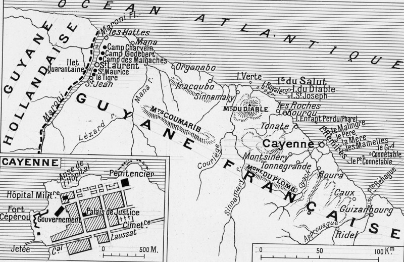 Police et justice en France au XX siècle. Les bagnes, les prisons. Les bagnes de Guyane en 1923. Emplacement des divers camps de forçats.