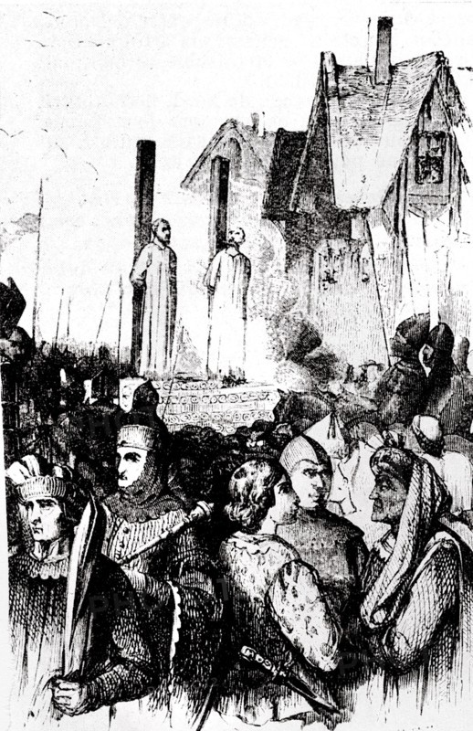 Histoire de France,  les Templiers. Supplice du Grand maître Jacques de Molay brûlé sur le bucher, le 19 mars 1314 et du commandeur de Normandie sur le terre-plein du pont Neuf. Justice, exécution.