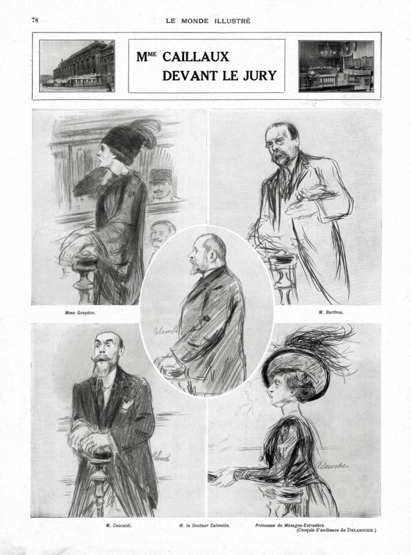 L'affaire Caillaux - Calmette. Le journal le Figaro, dirigé par Gaston Calmette, publie au début de l'année 1914 plusieurs courriers privés de Mr Caillaux, risquant ainsi sa réputation, sa crédibilité et sa carrière politique. Son épouse, Henriette Caillaux, née Raynouard, voulant protégé l'honneur de son mari, tue le 16 mars 1914, le directeur du Figaro en lui tirant plusieurs balles à bout portant.Un procès retentissant commence, toute la presse française et étrangère suit avec passion le déroulement de cette affaire. Madame Caillaux plaide coupable, plusieurs dépositions de la haute société de l'époque sont faites en sa faveur, dont celle remarquée du président de la République française. Le crime prémédité se transforme en crime passionnel. Elle est acquittée le 28 juillet 1914.