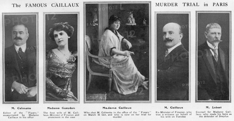 L'affaire Caillaux - Calmette. Le journal le Figaro, dirigé par Gaston Calmette, publie au début de l'année 1914 plusieurs courriers privés de Mr Caillaux, risquant ainsi sa réputation, sa crédibilité et sa carrière politique. Son épouse, Henriette Caillaux, née Raynouard, voulant protégé l'honneur de son mari, tue le 16 mars 1914, le directeur du Figaro en lui tirant plusieurs balles à bout portant.Un procès retentissant commence, toute la presse française et étrangère suit avec passion le déroulement de cette affaire. Madame Caillaux plaide coupable, plusieurs dépositions de la haute société de l'époque sont faites en sa faveur, dont celle remarquée du président de la République française. Le crime prémédité se transforme en crime passionnel. Elle est acquittée le 28 juillet 1914.