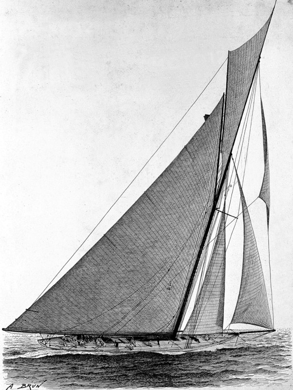 Vue en 1903 du yacht américain le "Reliance", vainqueur de la 12e édition de l'America's Cup, disputée contre le yacht anglais "Shamrock III" de Sir Thomas Lipton.  Gravure parue dans le périodique Les Nouvelles Illustrées daté du 3 septembre 1903.