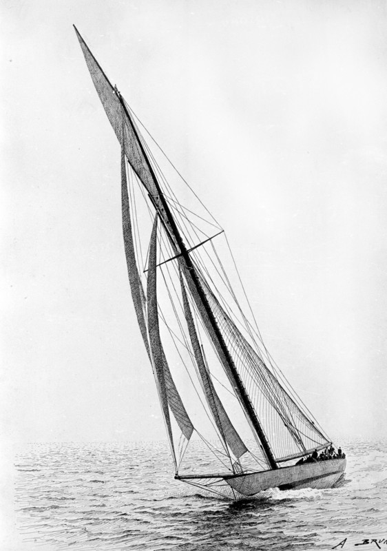 Le yacht anglais "Shamrock III", Challenger de l'América's Cup en 1903.  Gravure parue le 3 septembre 1903 dans le périodique Les Nouvelles Illustrées.