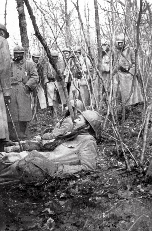 Two French wounded soldiers in a wood at Verdun, March 1916