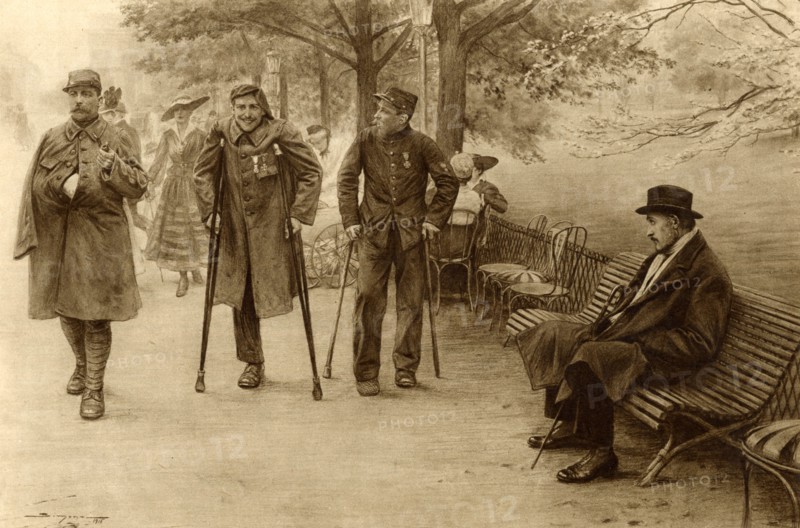 L'Envie, dessin de J.Simont, juillet 1916 - La presse en France pendant la première guerre mondiale. " L'envie " dessin de J.Simont paru dans l'Illustration du 08 juillet 1914. Dans un parc à Paris, des soldats français, blessés au combat, passent devant le regard envieux d'un homme qui n'est pas mobilisable.