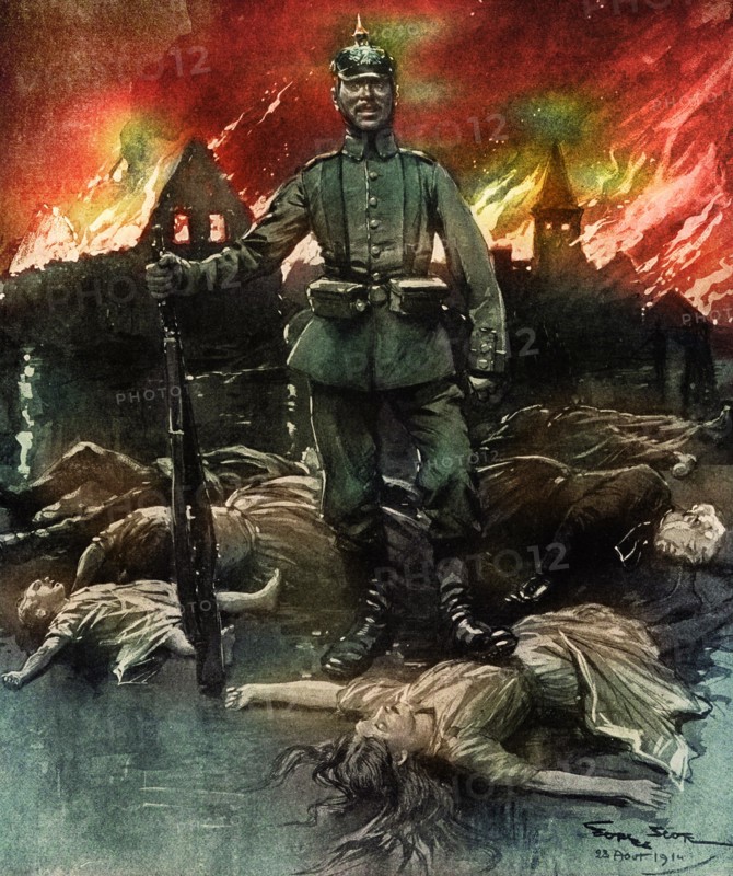 Dénonciation de la barbarie allemande sous le crayon de Georges Scott, 1914 - Propagande anti-allemande de la presse française pendant la première guerre mondiale. "Leur façon de faire la guerre ". Dessin de Georges Scott paru dans L'Illustration du 29 août 1914. Première Guerre Mondiale - Nous contacter pour la légende complète - couleur lafon