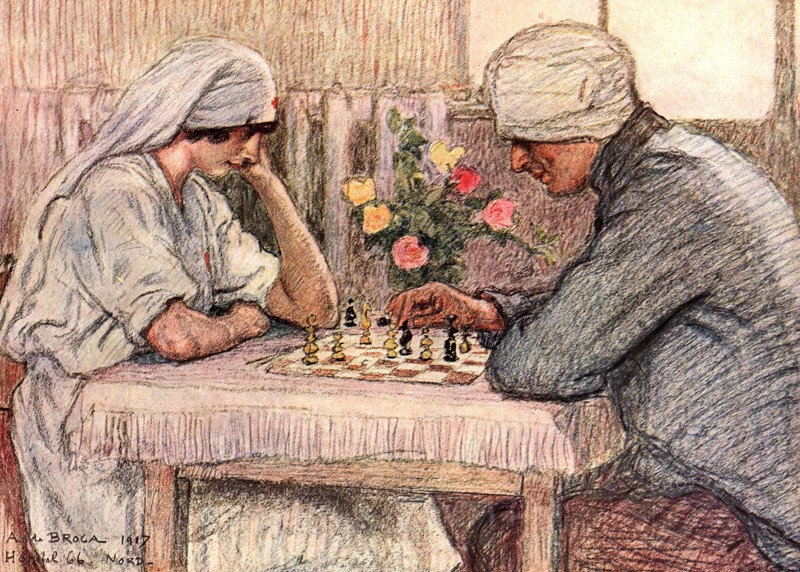 A l'hôpital : la partie d'échecs - première guerre mondiale. Dans un hôpital du nord de la France, une partie d'échecs entre une infirmière et un soldat bléssé, 1917.