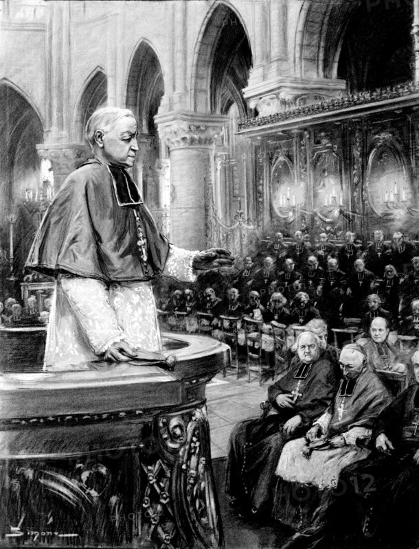 Le 7 septembre 1906, lors de la seconde assemblée plénière des évêques français, Monseigneur de Cabrières, évêque de Montpellier, prononce dans le choeur de Notre-Dame le sermon de clôture, en présence des quatre vingt trois archevêques et évêques de France.  A l'issue de cette seconde réunion, convoquée par le cardinal Richard, archevêque de Paris, pour délibérer de la position à adopter face à l'application de la loi de 1905 sur la séparation des Eglises et de l'Etat, les évêques de France décidèrent de continuer à exercer le culte dans les églises. Dessin de José Simont paru dans L'Illustration du 15 septembre 1906.