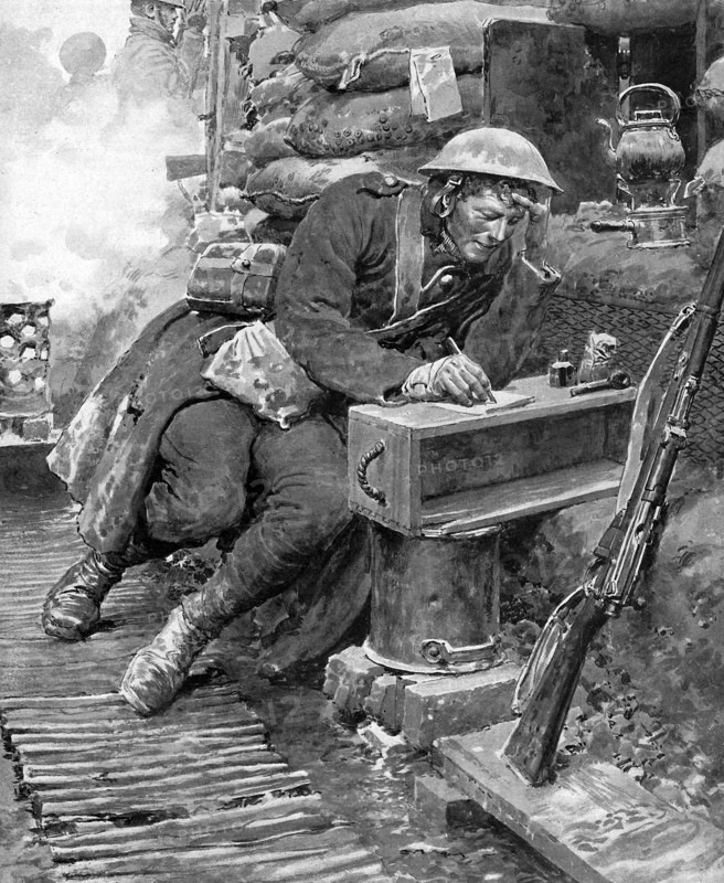 Première guerre mondiale. Noël 1916. Sur le front, dans une tranchée anglaise, un tommies écrit une lettre pour sa famille.