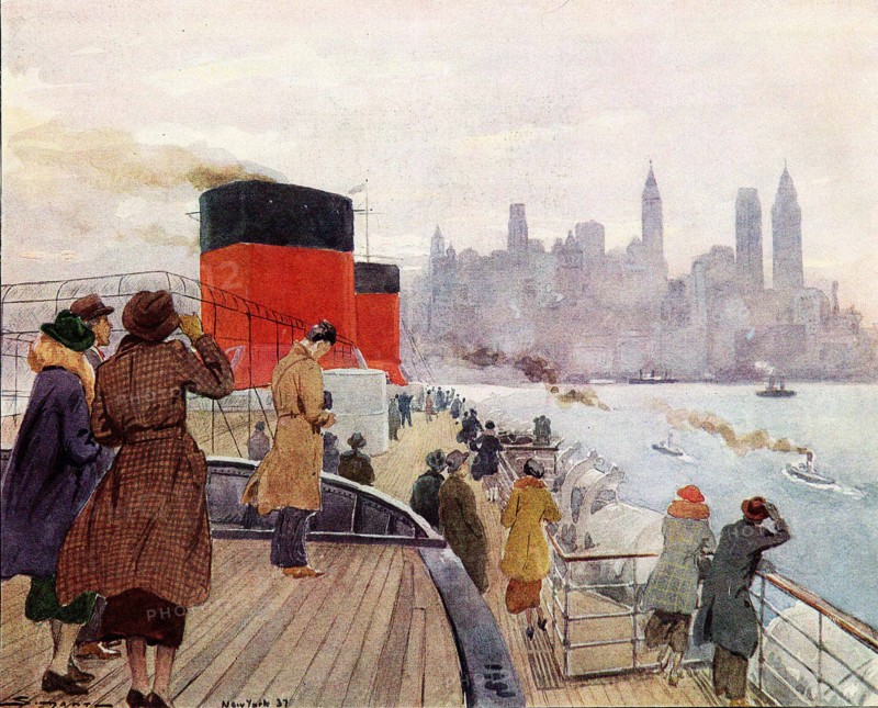 1937, arrivée dans le port de New York du paquebot Normandie. Depuis les ponts supérieurs du transatlantique, les passagers regardent les buildings de la ville.  Dessin de José Simont paru dans L'Illustration du 10 avril 1937.