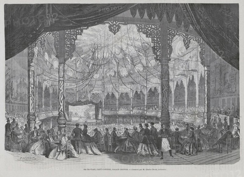 Grande salle du café-concert Ba-ta-clan construit en 1863-1865 par l'architecte Charles Duval, boulevard Voltaire à Paris.
L'Illustration Journal Universel, 21 octobre 1865