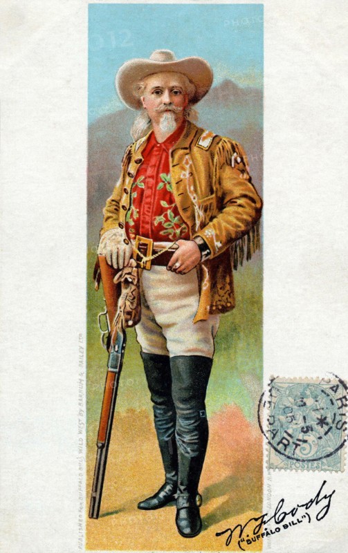 Full-length portrait of Buffalo Bill, postcard